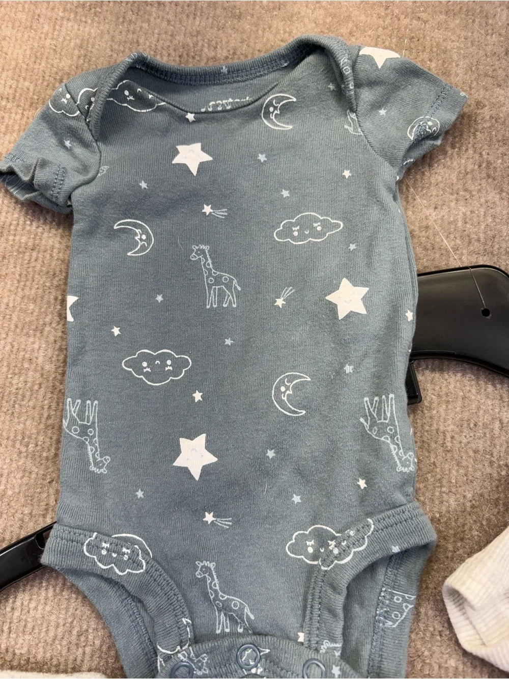 Newborn lot White oneis with frogs, blue/gray with clouds and ribbed gray/white.